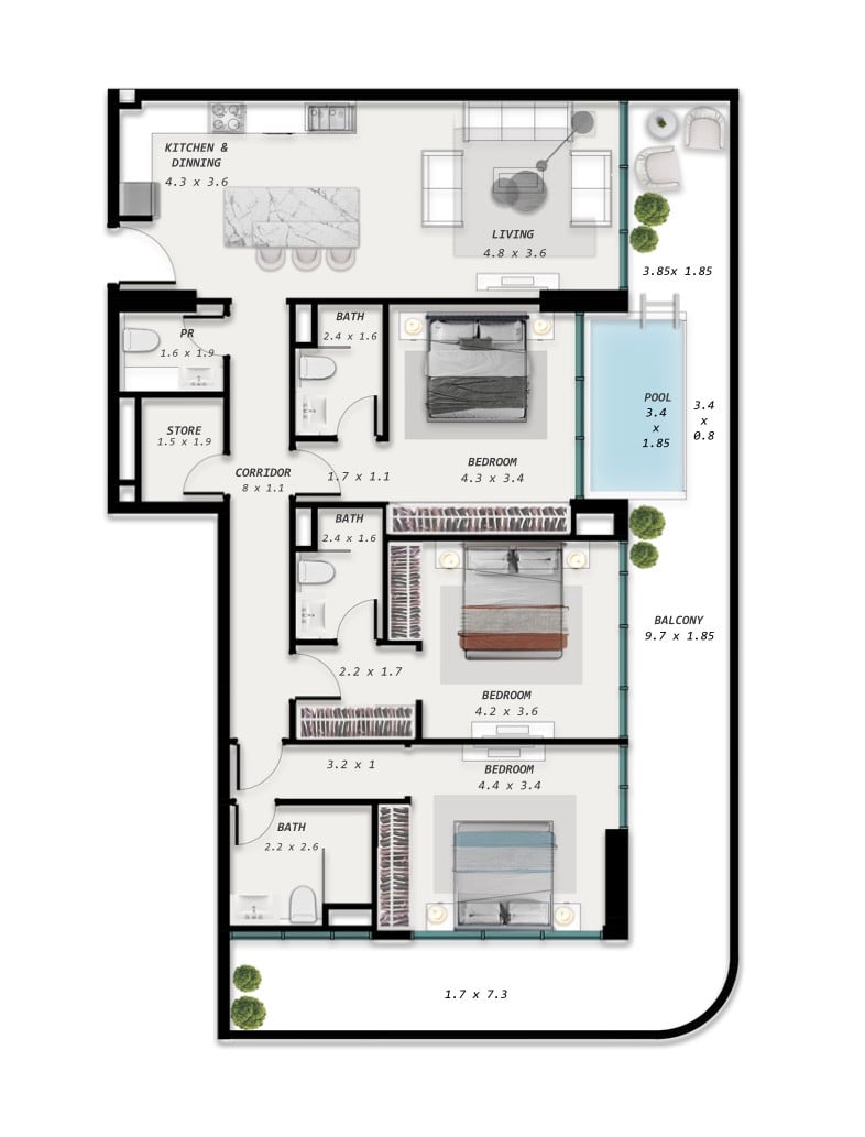 Floor plan — 3 BR